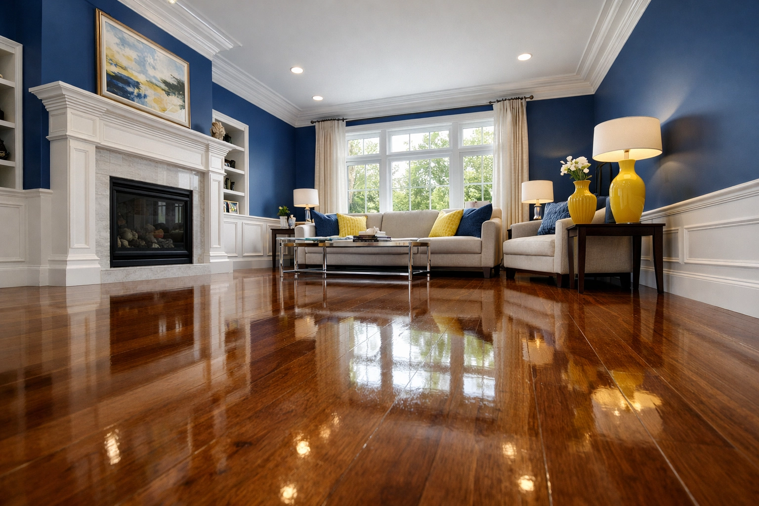 Pristine luxury living room with polished floors and clean baseboards after deep cleaning in Westborough MA.
