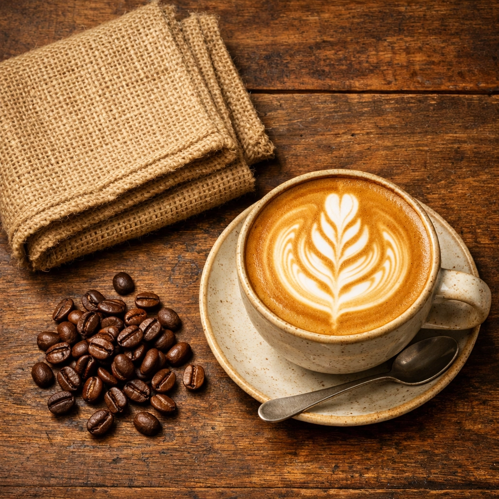 Freshly poured latte with art next to a folded jute coffee sack and roasted coffee beans.