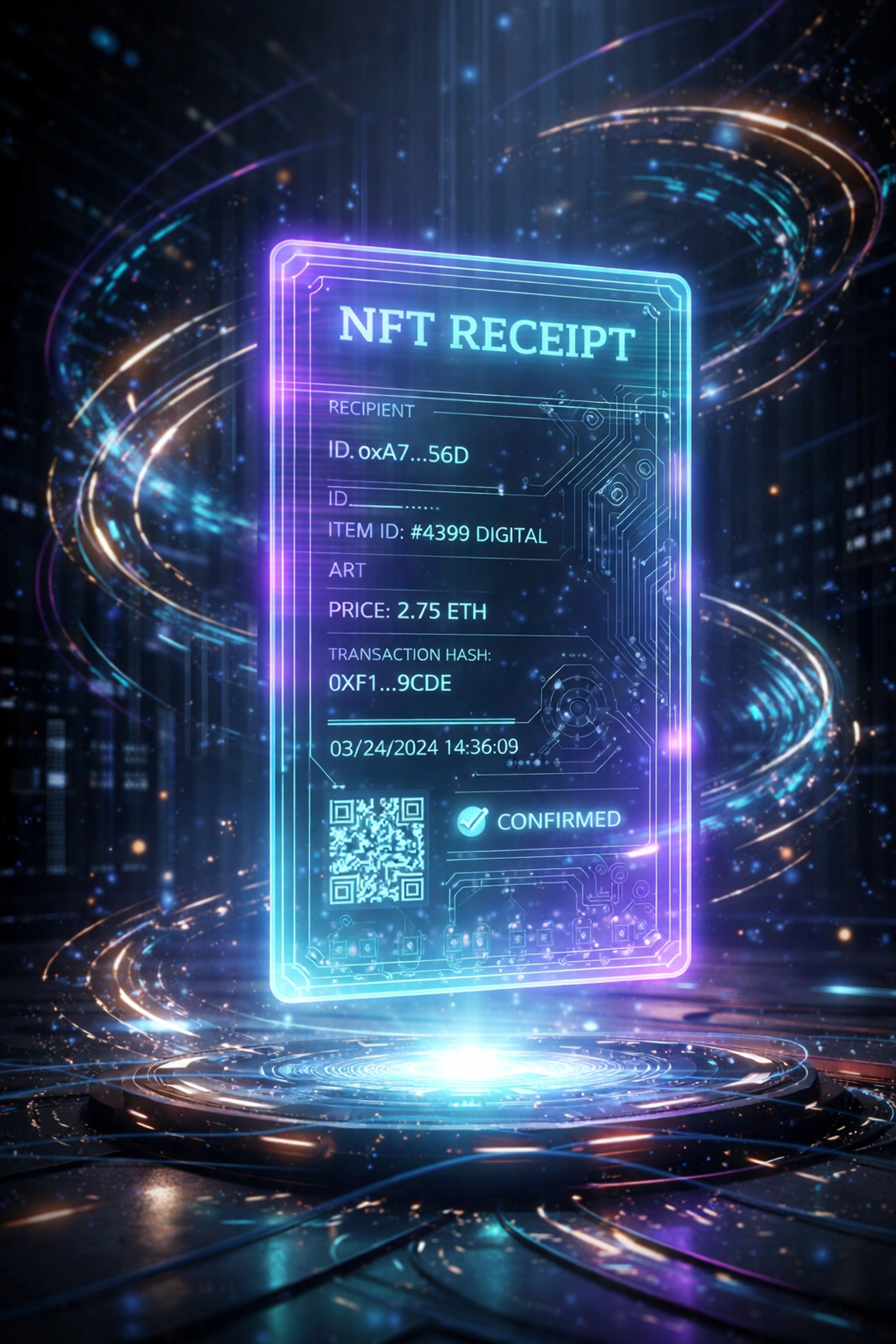 Glowing digital NFT receipt showcasing Larecoin's secure blockchain payment proof and transaction metadata.