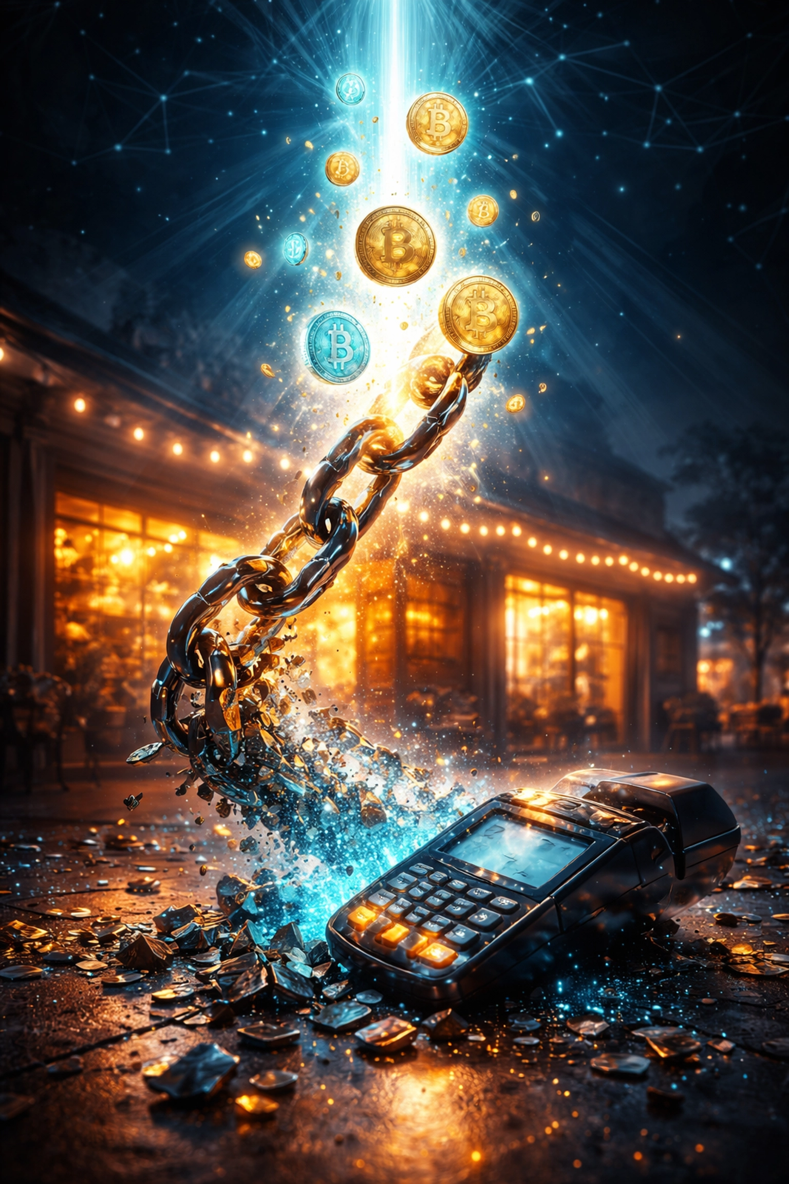 Symbolic image of a broken payment system turning into cryptocurrency coins, representing financial freedom for small businesses using crypto POS systems.