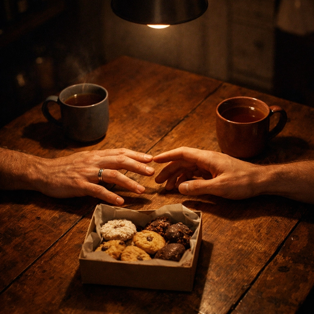 Married gay couple's hands reaching across kitchen table during heart-to-heart talk