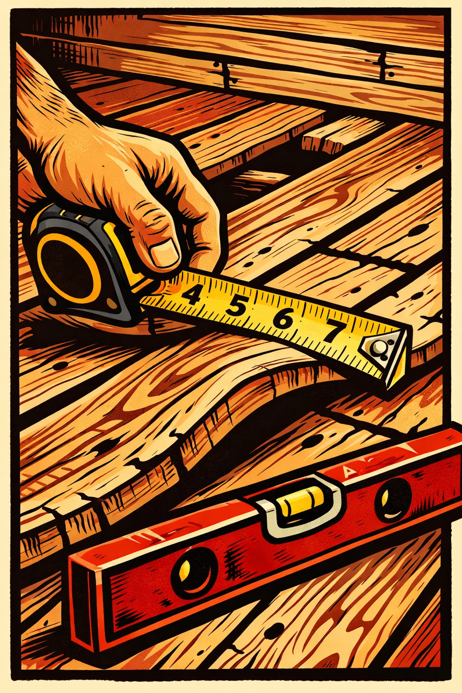 Measuring tape against warped deck boards showing measurement errors in home repair projects