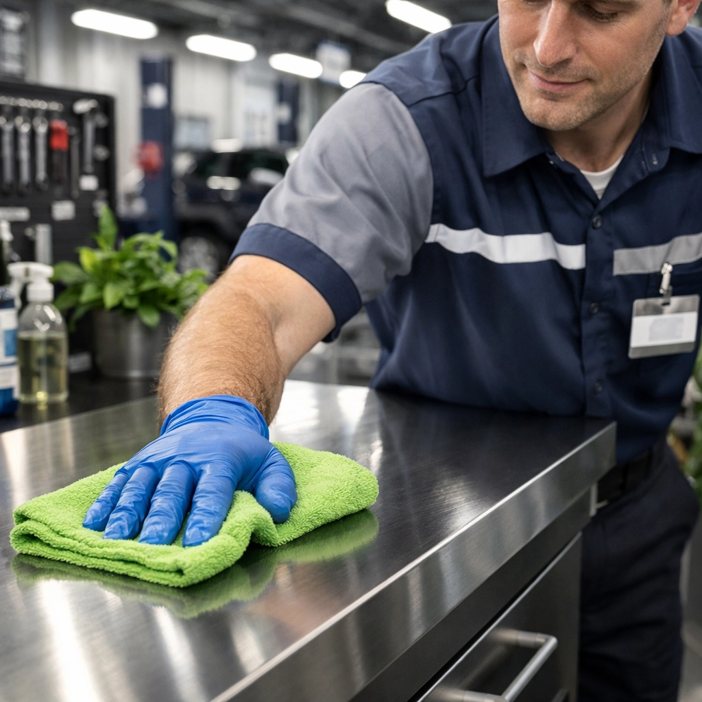 Professional cleaning service maintaining car dealership service bay