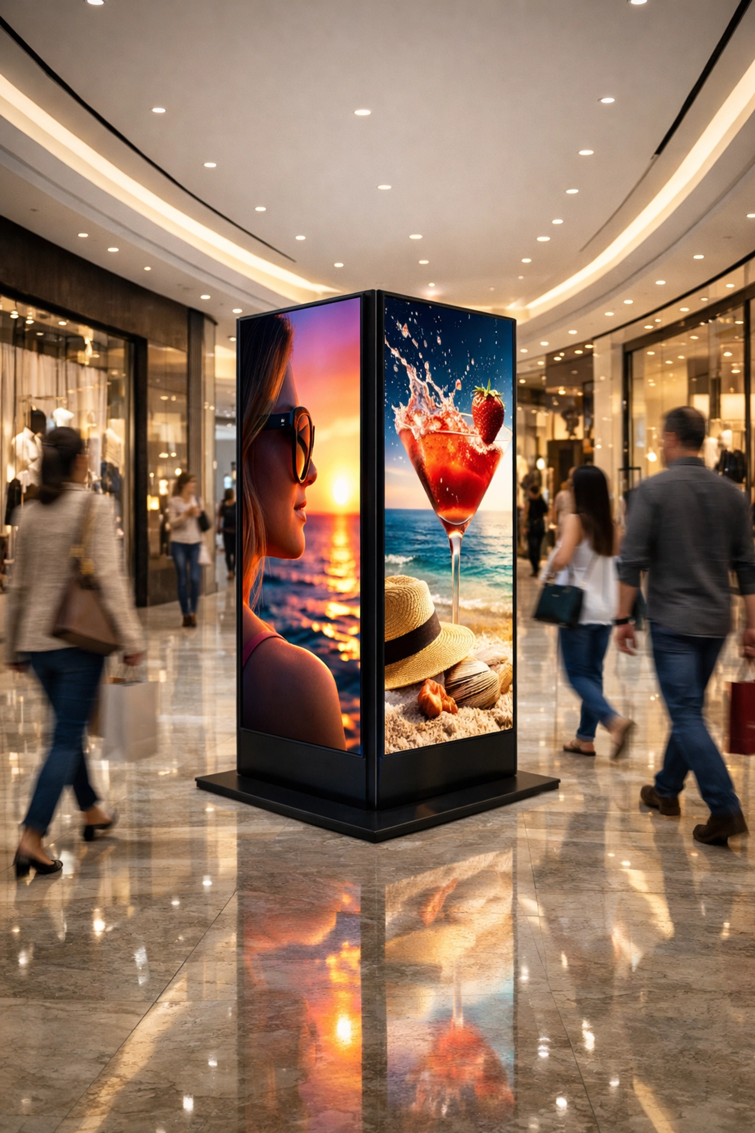 Digital signage kiosk in a luxury mall highlighting strategic placement for high-traffic venue media solutions.