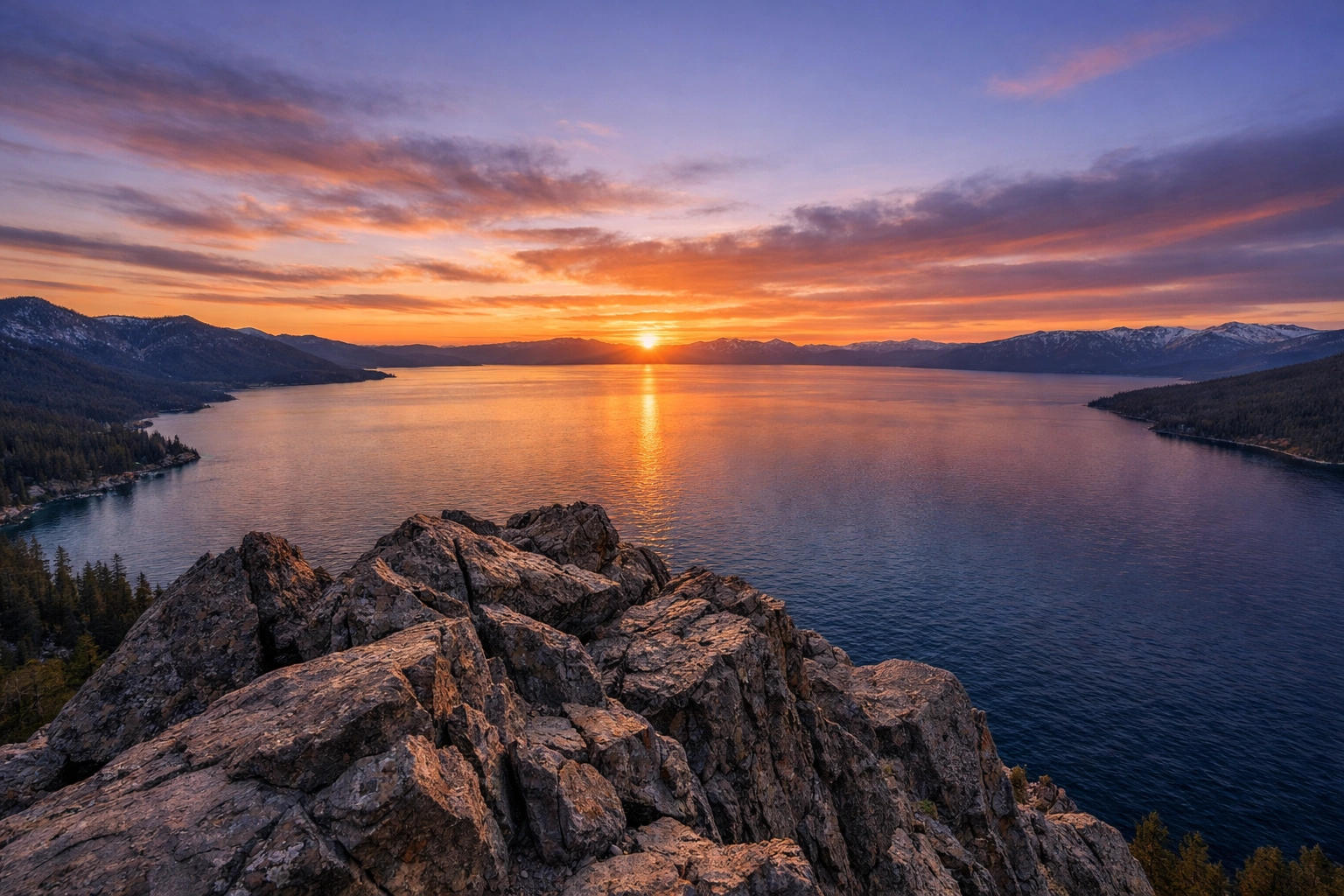 Sunset panorama from Cave Rock overlooking the lake, one of the best photo spots in Lake Tahoe.
