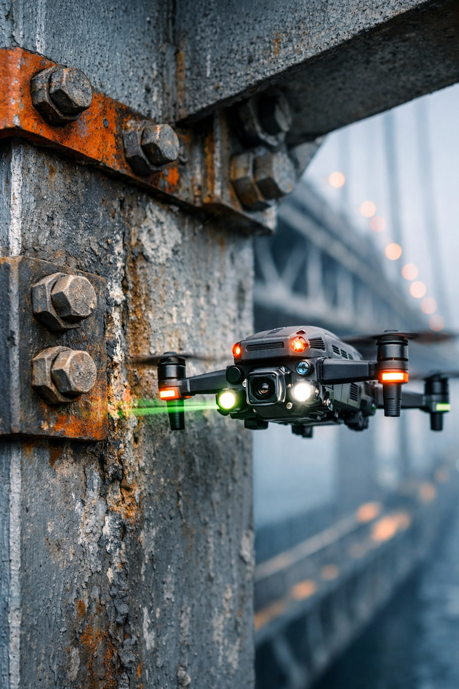 Close-up of an inspection drone scanning a steel bridge pylon for industrial infrastructure maintenance
