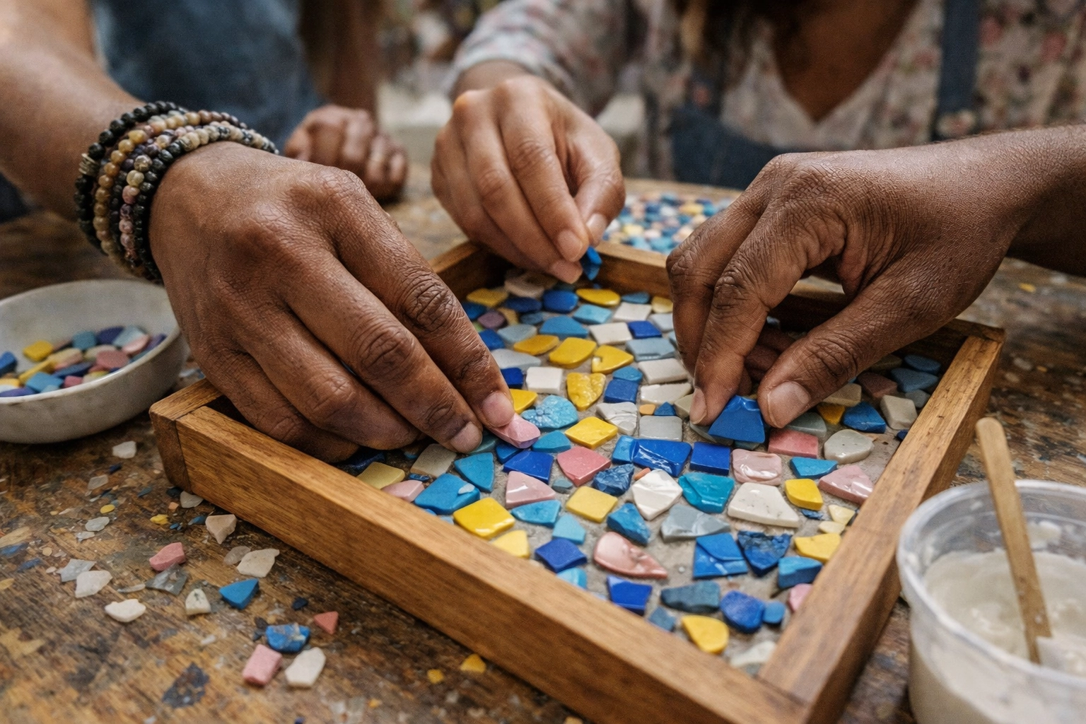 Hands creating mosaic tile art during team building creative workshop