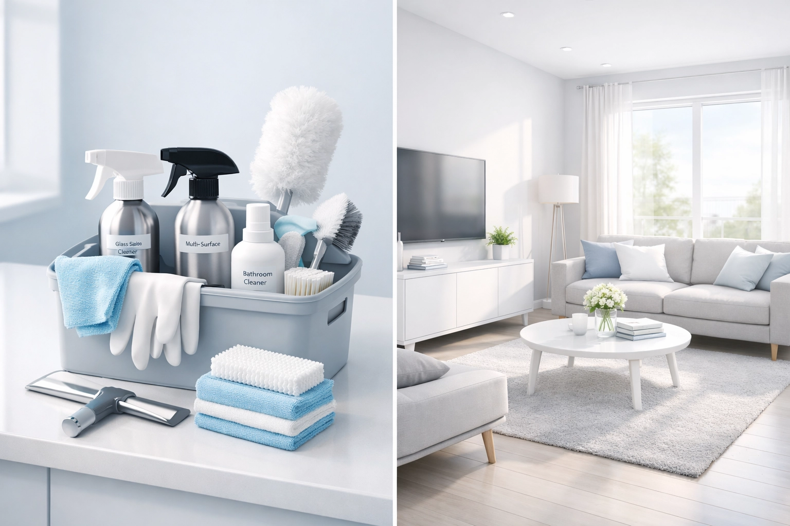 Professional cleaning supplies and pristine living room showing quality standards and consistency