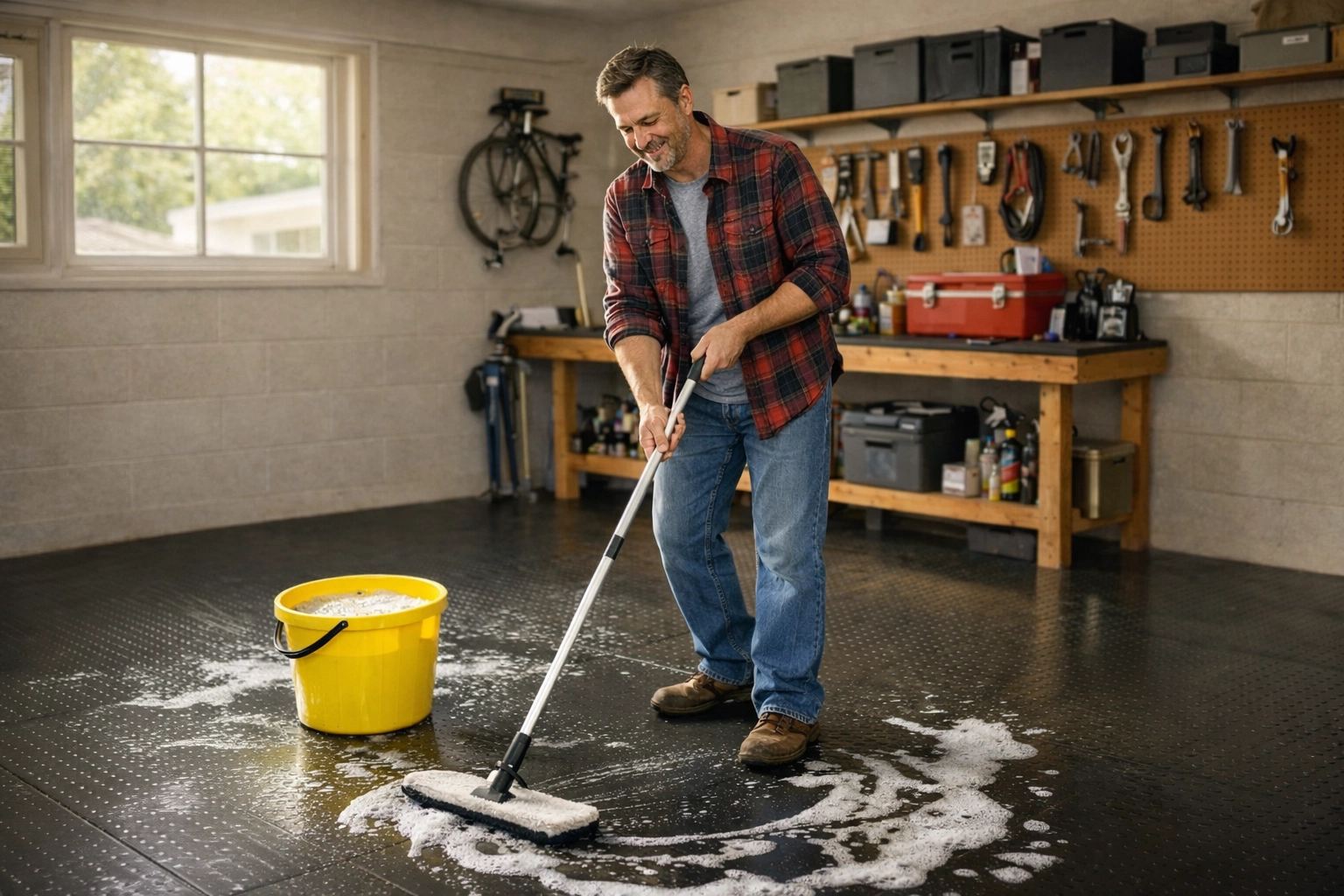 Homeowner easily cleaning rubber garage floor with mop showing low maintenance benefits