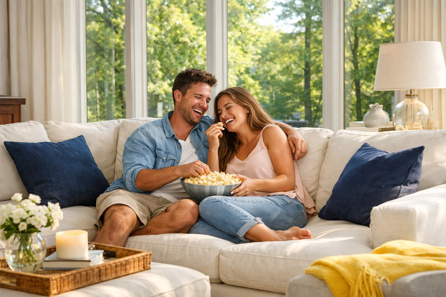 A relaxed couple enjoying a clean Groton living room after professional residential cleaning services.
