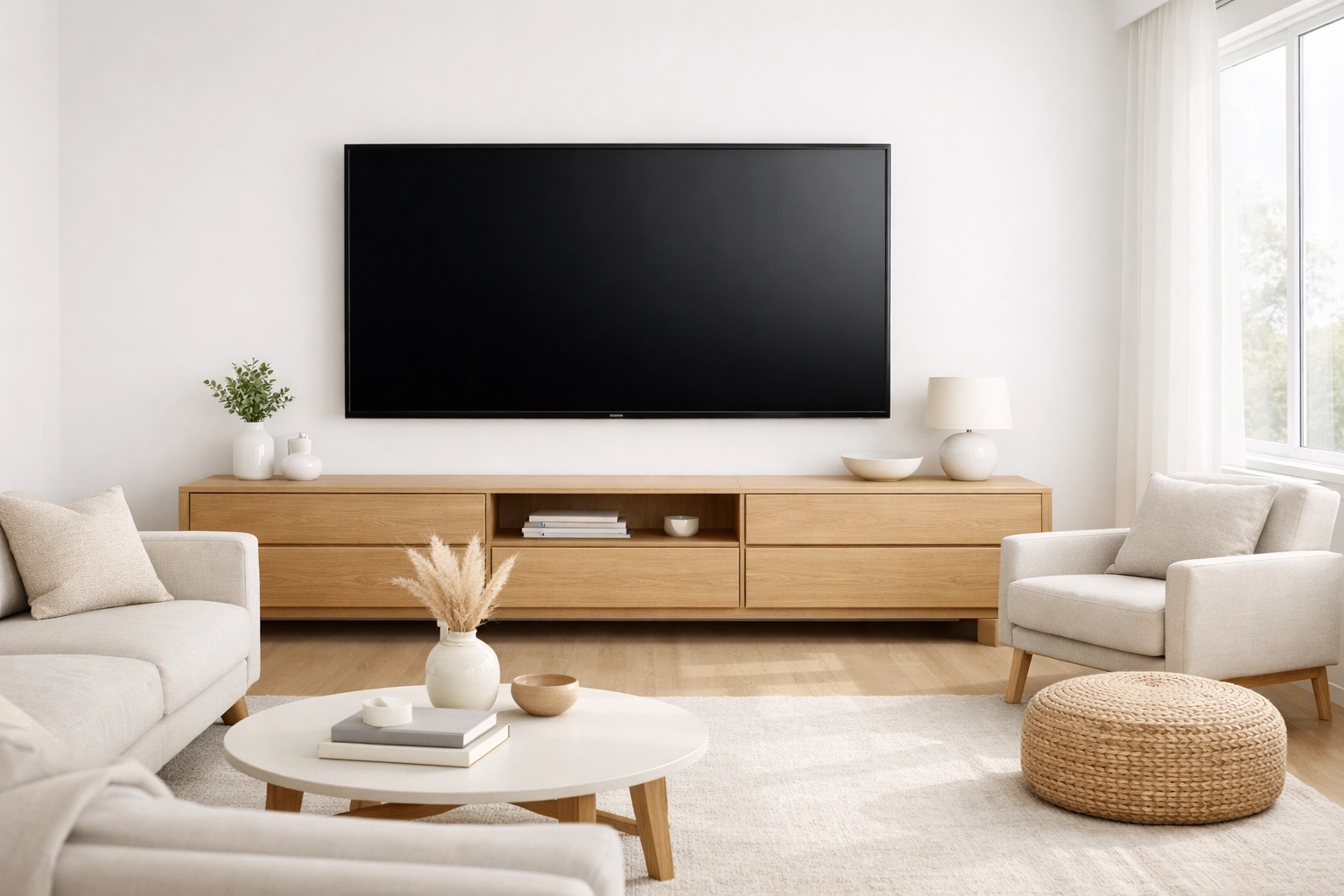Modern living room featuring a 70-inch light oak fireplace TV console as a renovation alternative.
