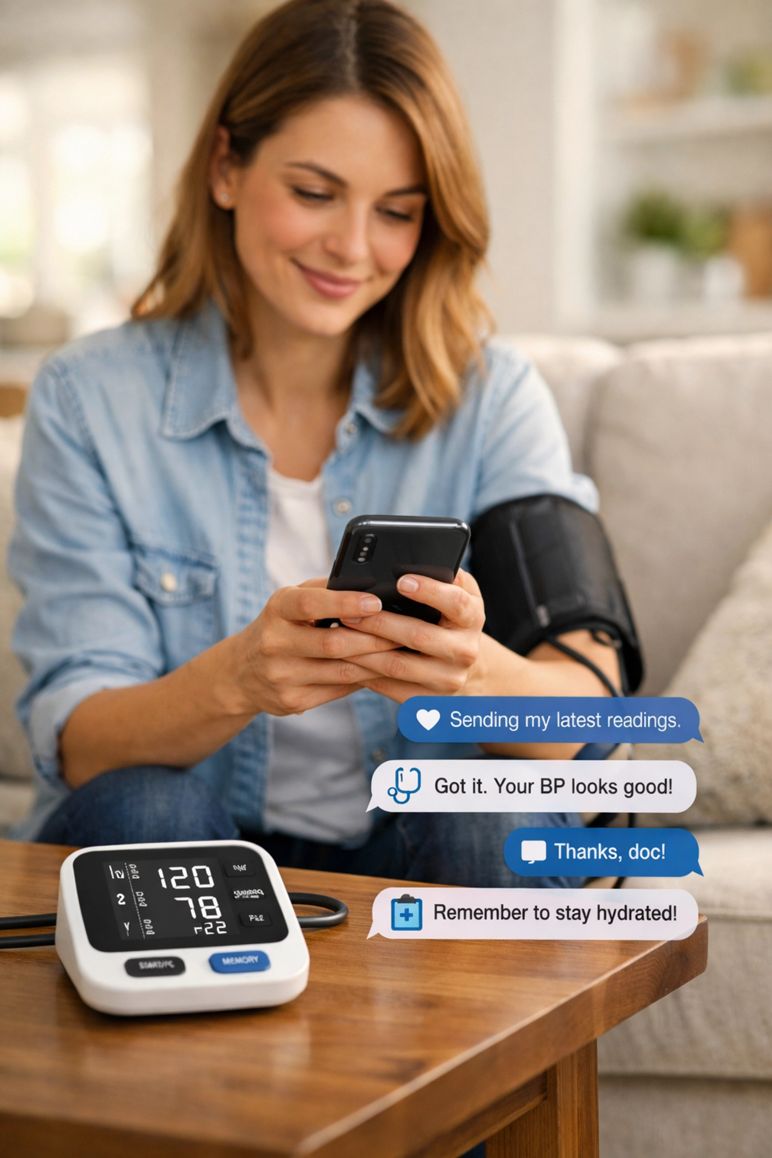 Woman checking blood pressure at home while texting a doctor for a birth control prescription online.