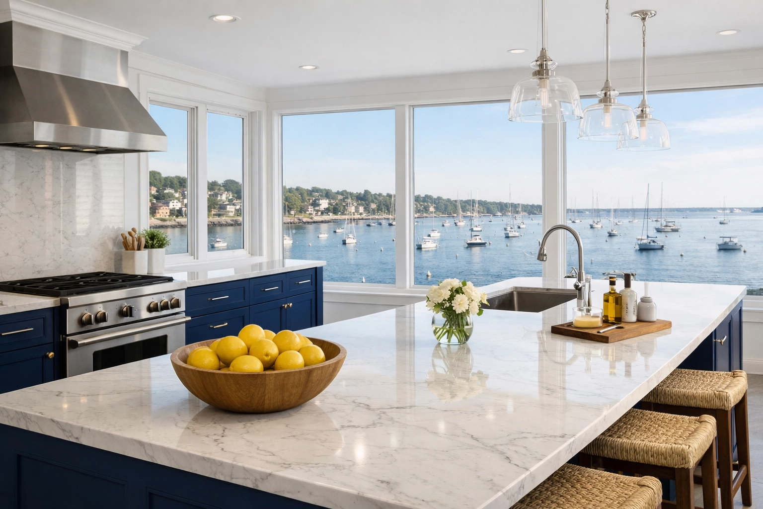 Professional luxury residential cleaning in Marblehead for coastal kitchens with ocean and harbor views.