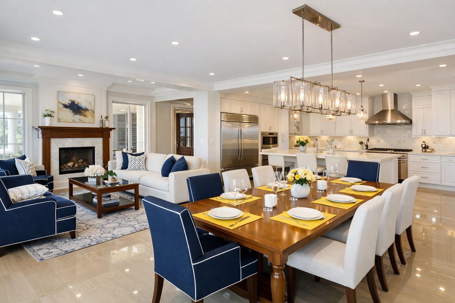 Pristine open-concept luxury living and dining area showcasing deep cleaning results for a real estate listing.