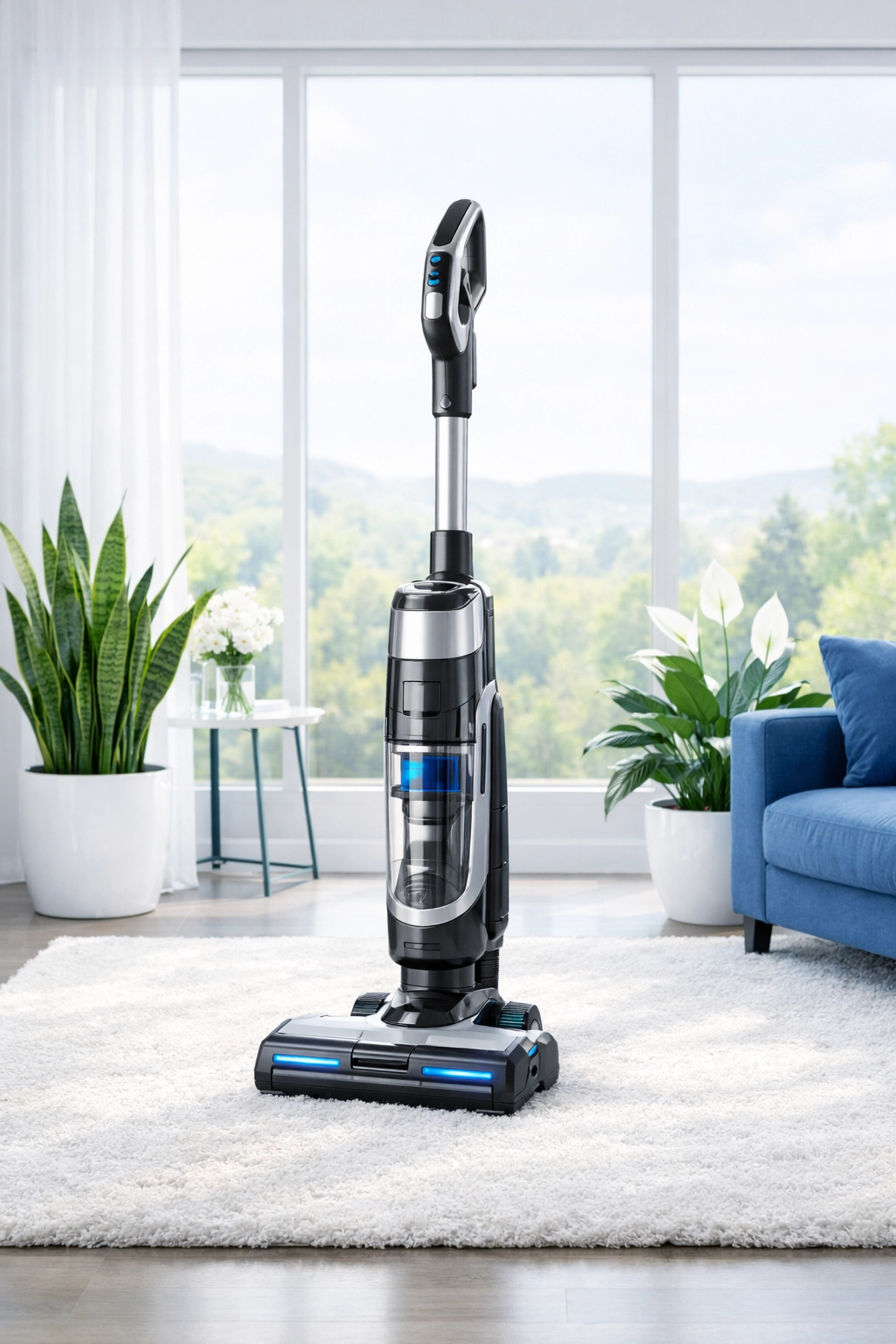Professional vacuuming and indoor plants in a modern home to improve air quality with green cleaning.