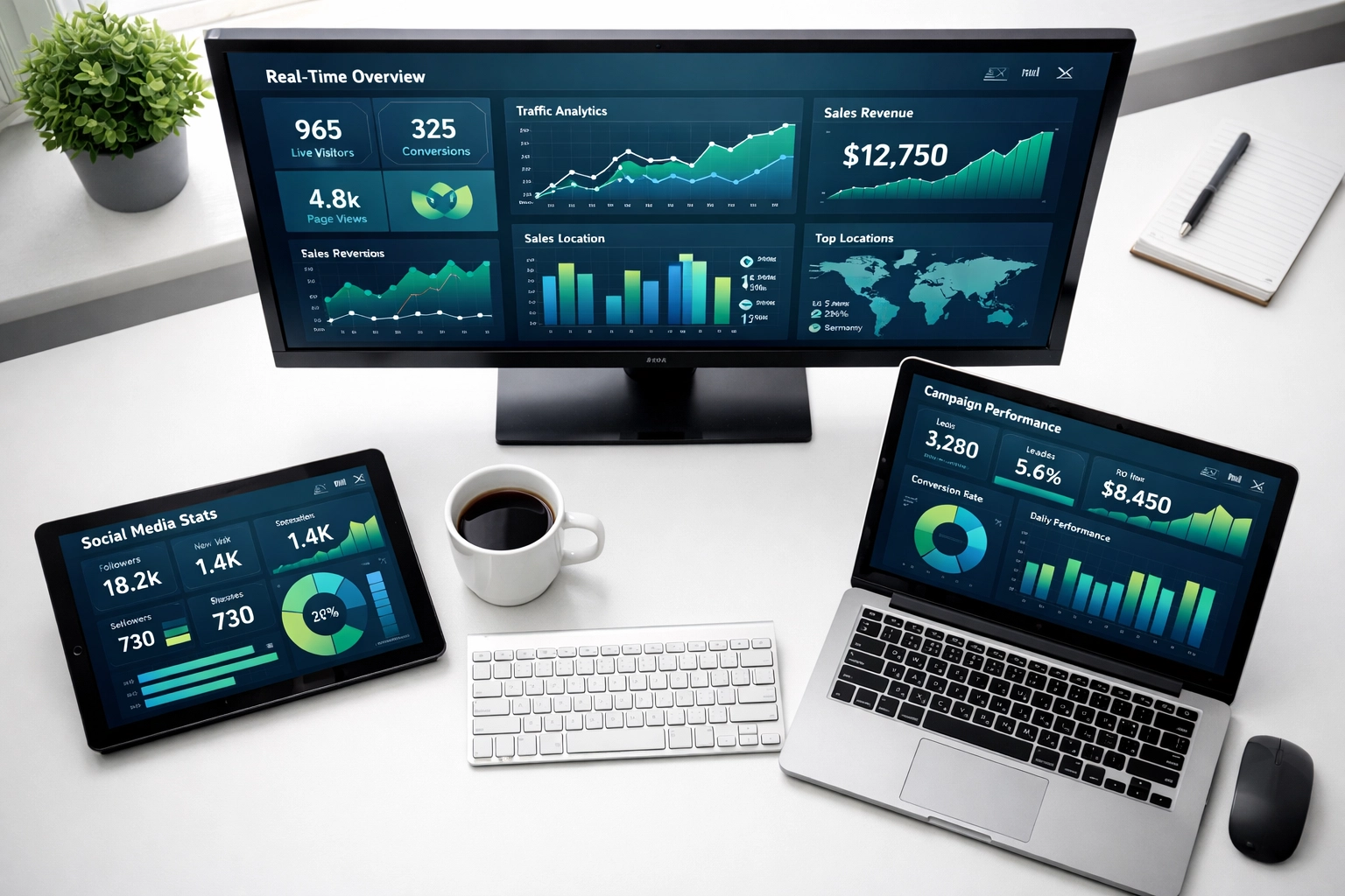 Integrated digital media workspace with unified data dashboards across multiple screens for multi-sector brands