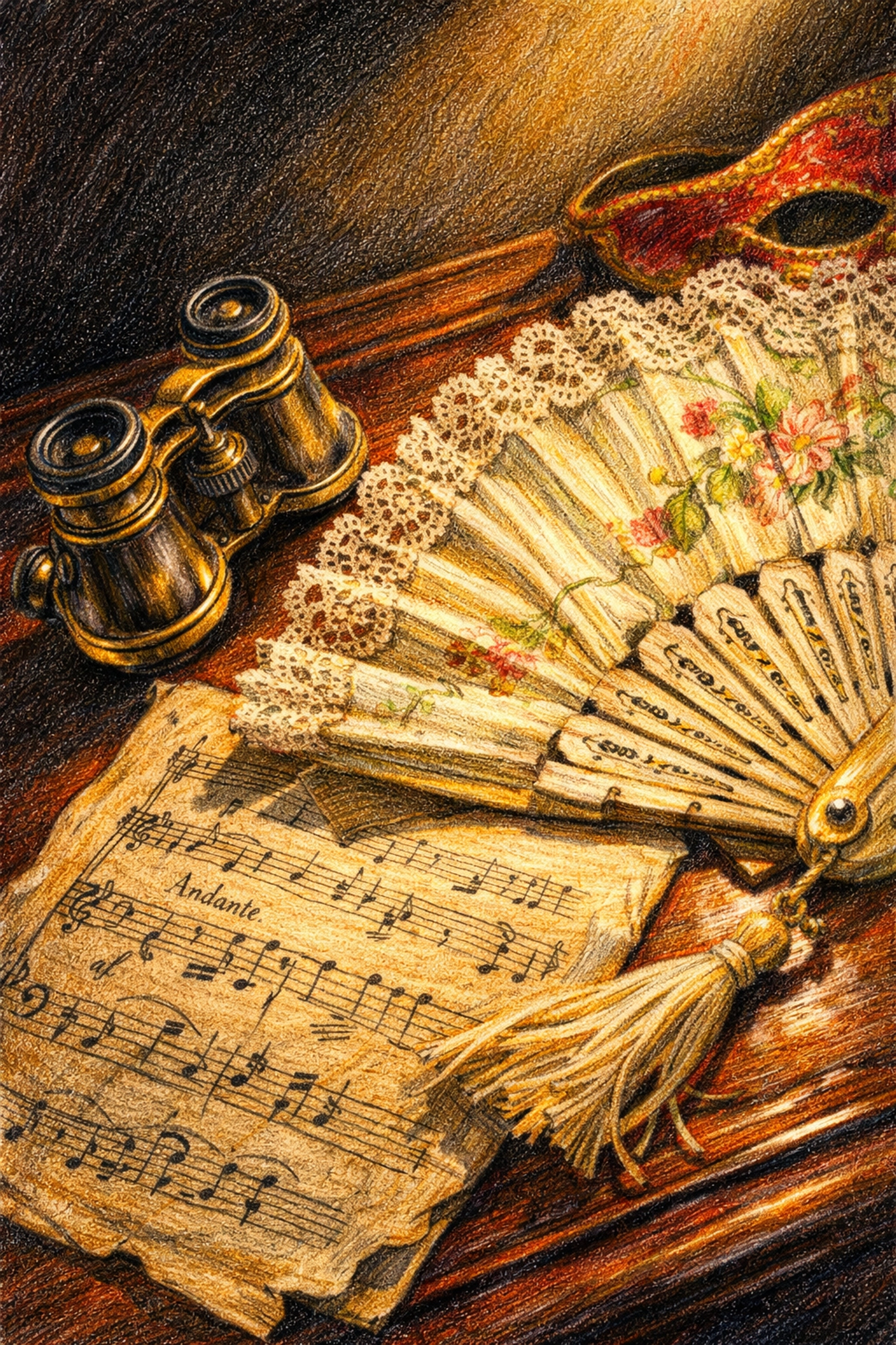 Vintage 1920s opera memorabilia used as a storytelling element in luxury hospitality design.