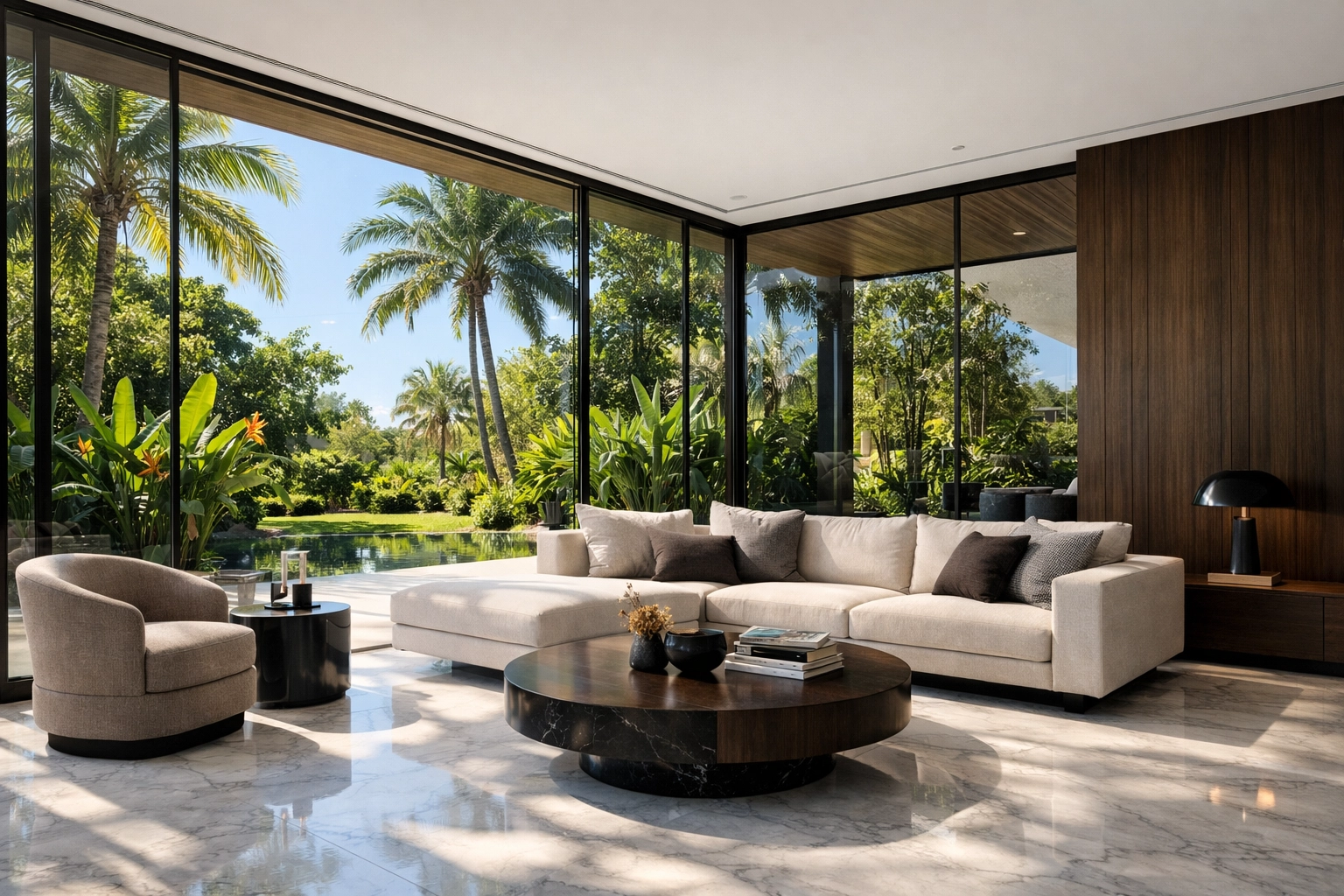 Balanced lighting in luxury living room achieved through real estate AI photo editing tutorials.