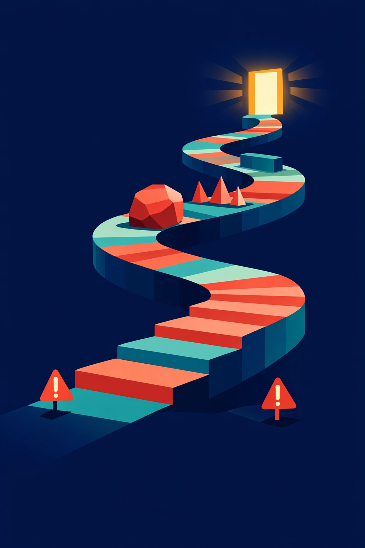 Growth path showing obstacles overcome on journey to successful professional breakup