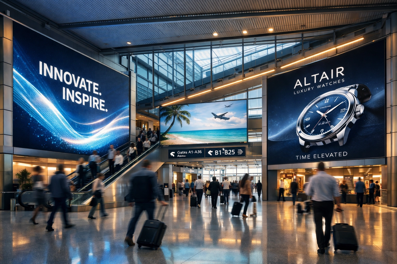 Digital media displays in a modern airport terminal showcasing multi-sector brand impact.