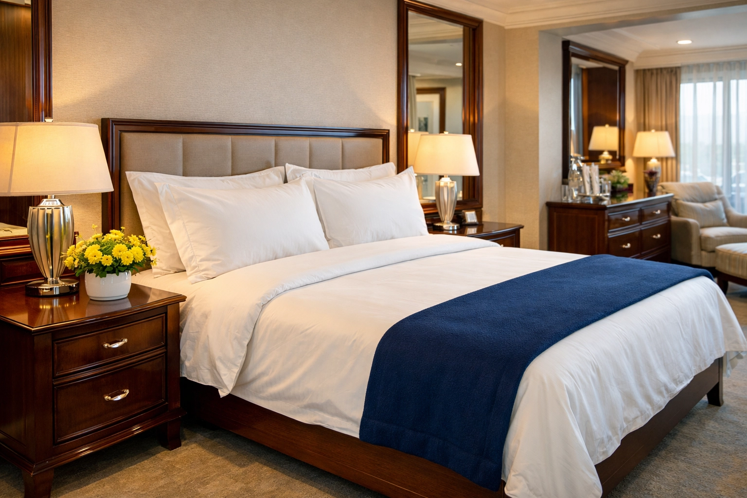 Freshly deep cleaned bedroom suite in Medford MA illustrating the benefits of house cleaning Medford MA.