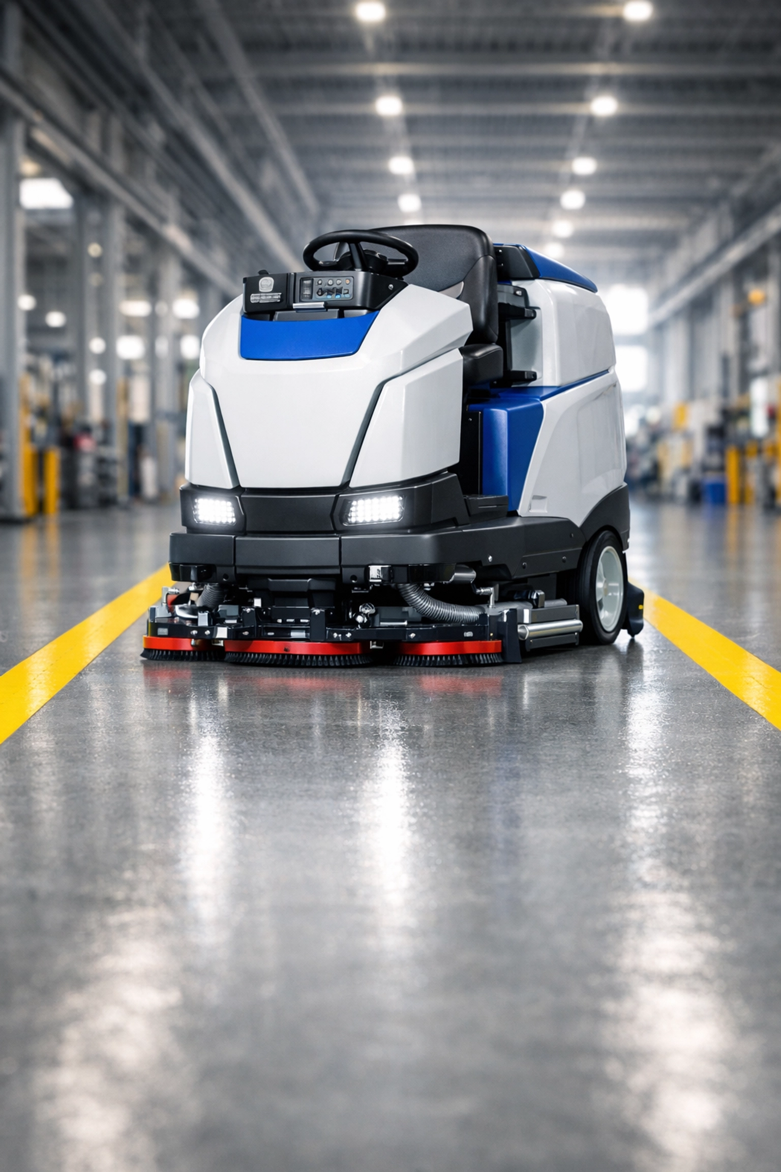 High-tech industrial floor scrubber machine maintaining safety and organization in a large warehouse facility.