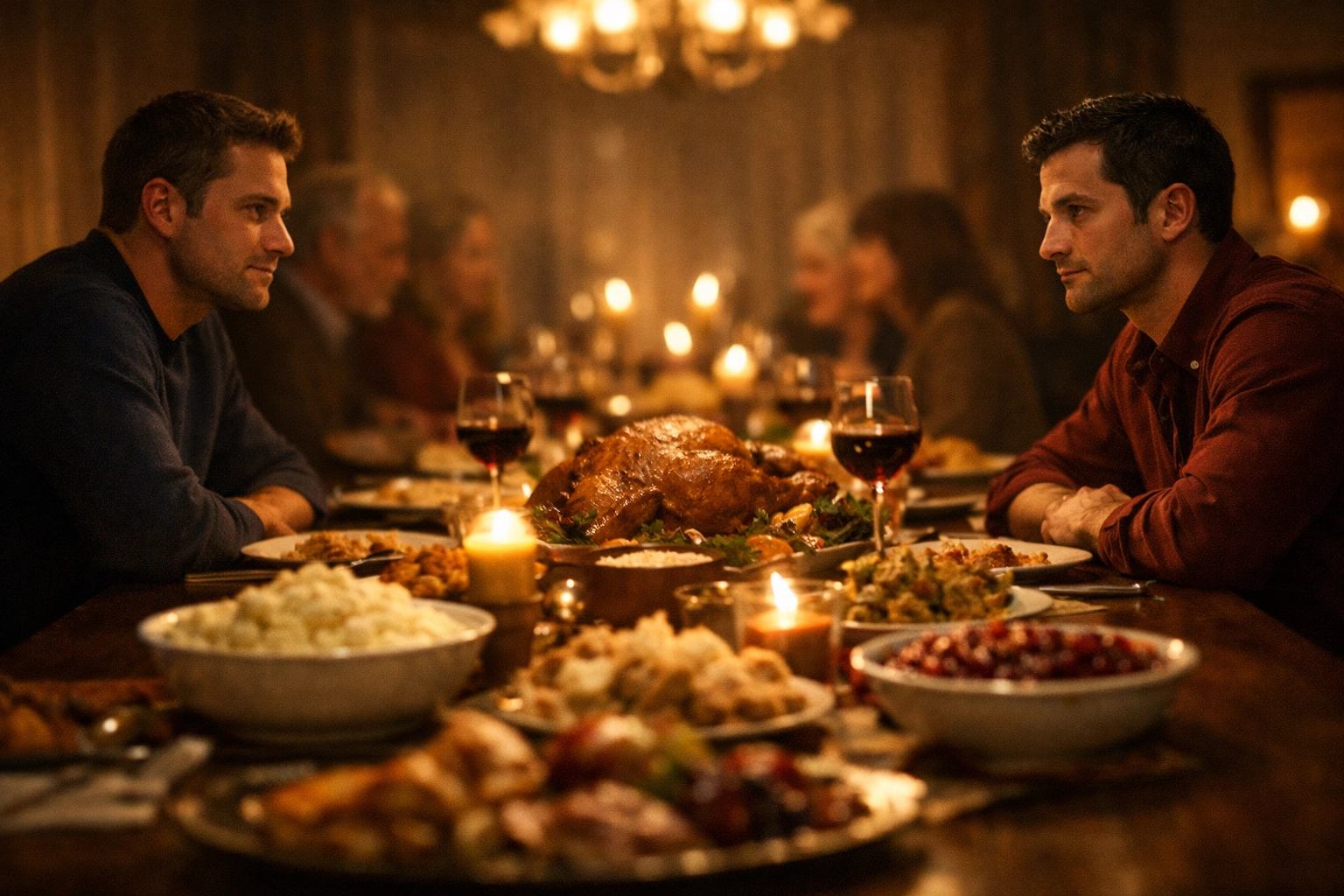 Two men in a secret gay relationship making eye contact across a family dinner table during the holidays