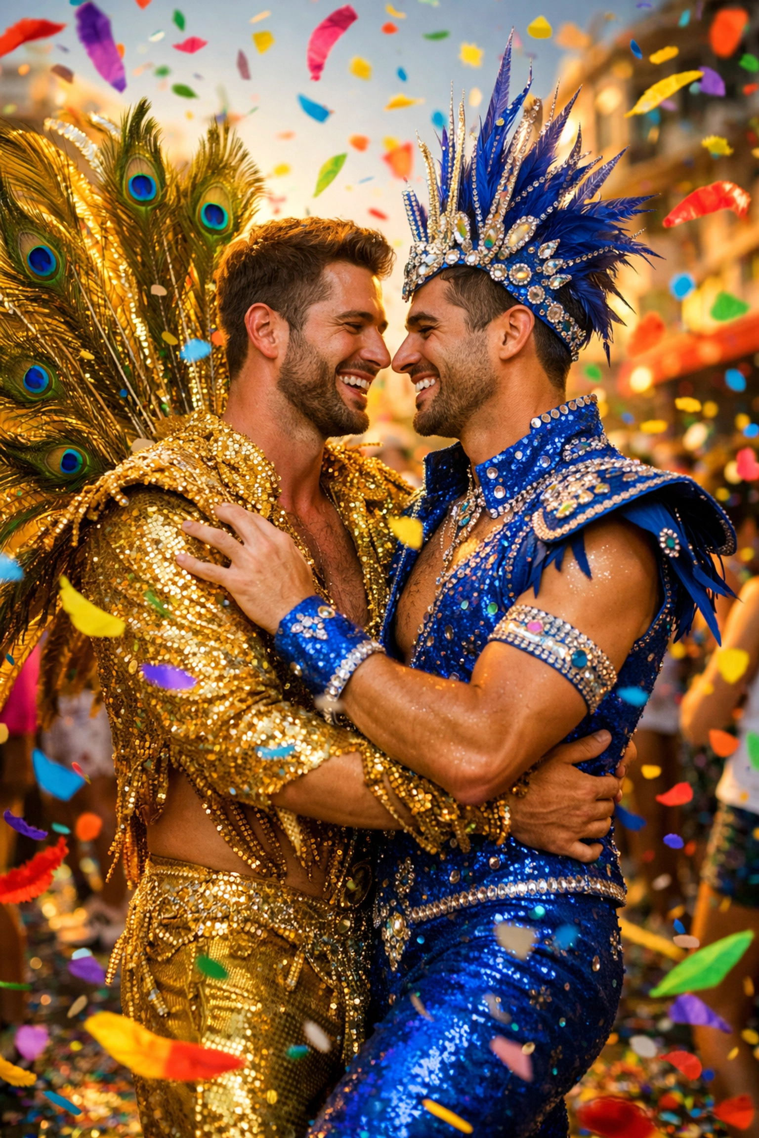 Two men in colorful Carnival costumes dancing at Rio street party - MM romance inspiration