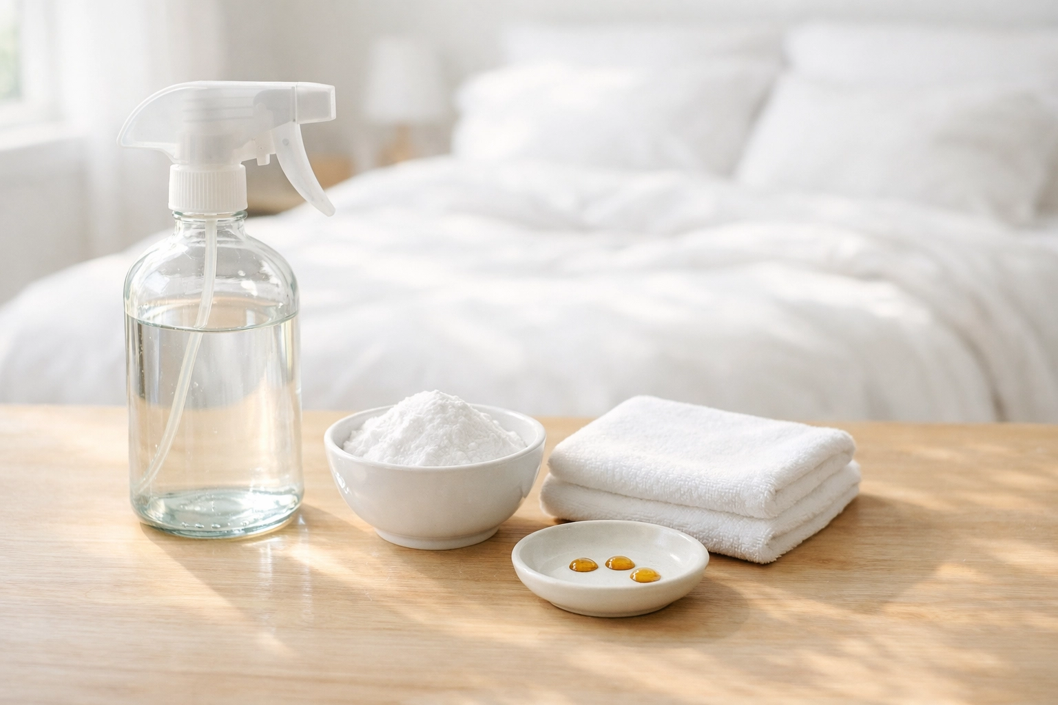 Non-toxic cleaning supplies including natural spray bottle and baking soda for low-tox home