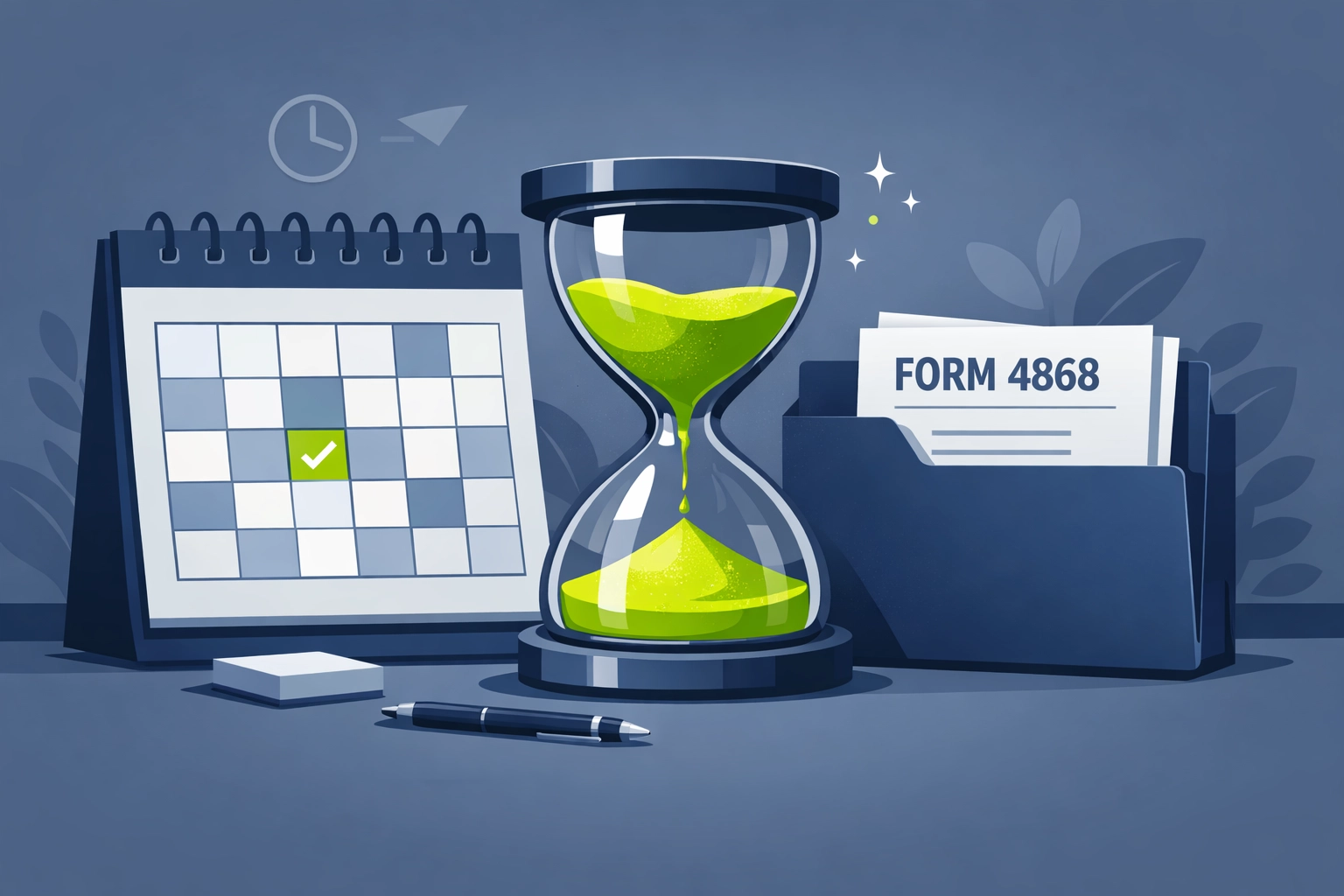 Tax extension illustration showing a calendar and hourglass for New Haven taxpayers filing IRS Form 4868.