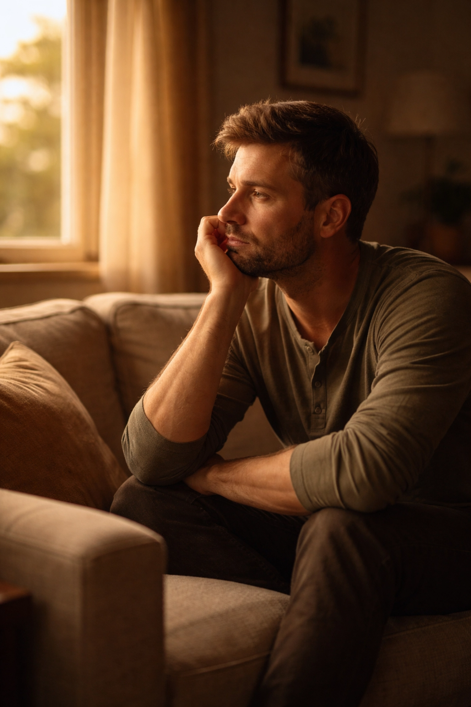 Gondterhelt, 30-as férfi egyedül ül a nappaliban a merevedési zavar okozta lelki nehézségekkel szembesülve.