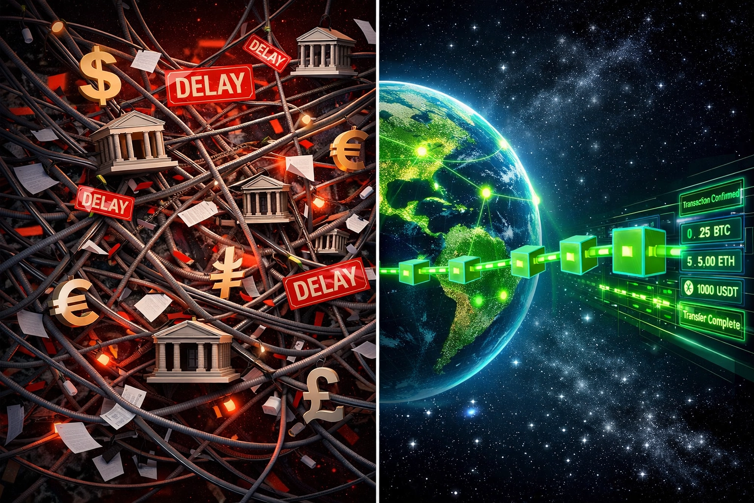 Global Web3 payments connecting continents versus tangled traditional cross-border payment routes