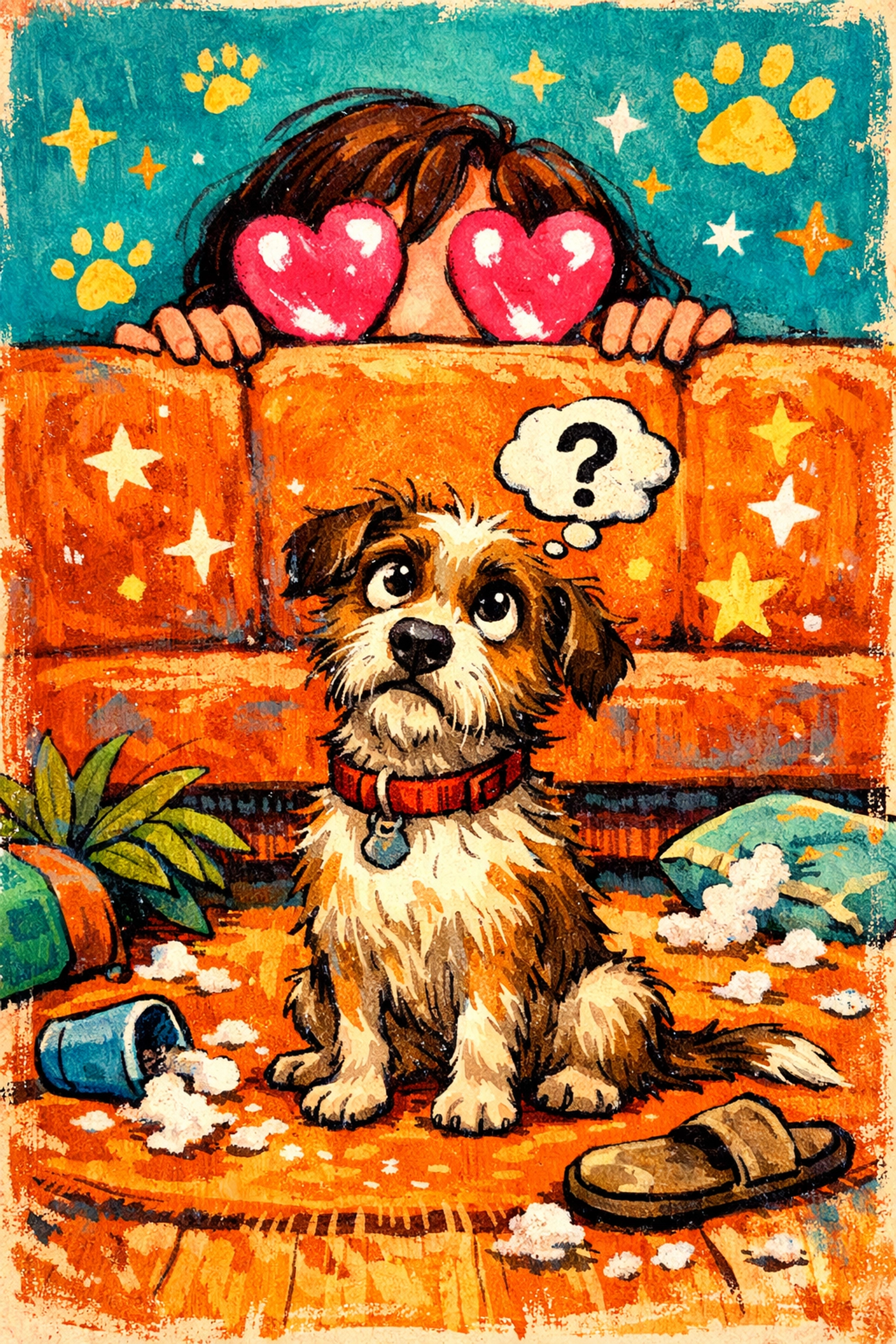 Confused rescue dog in a living room during the first 3 days of a dog adoption near me journey.