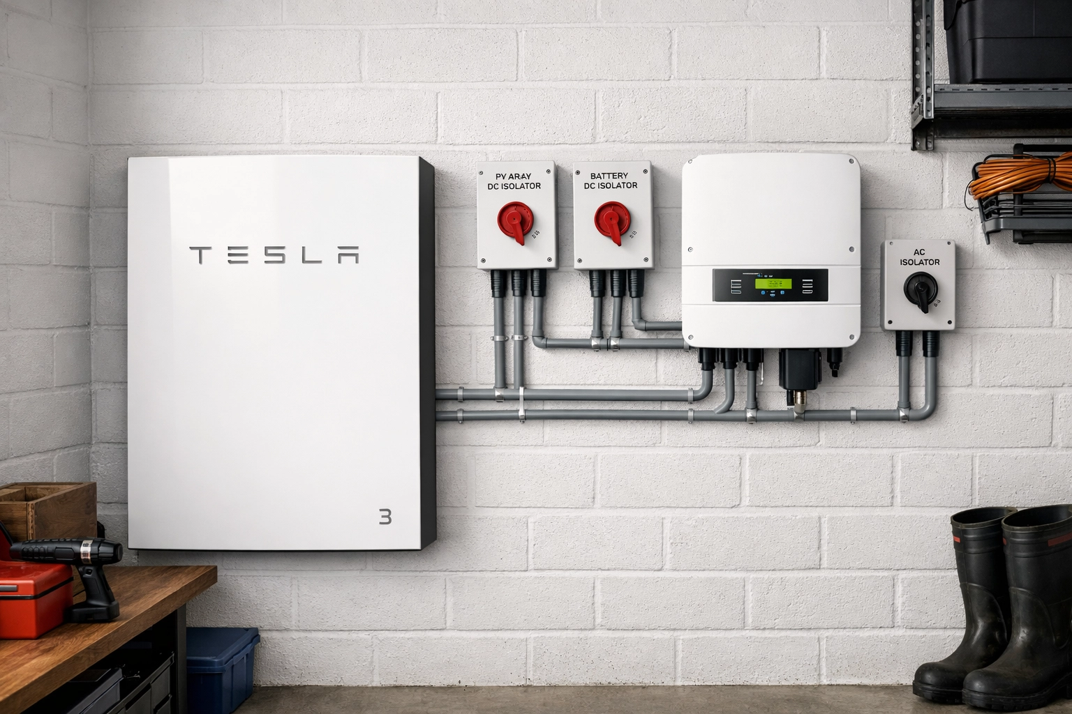 Tesla Powerwall 3 battery and solar inverter with expert electrical wiring in a clean UK home garage.