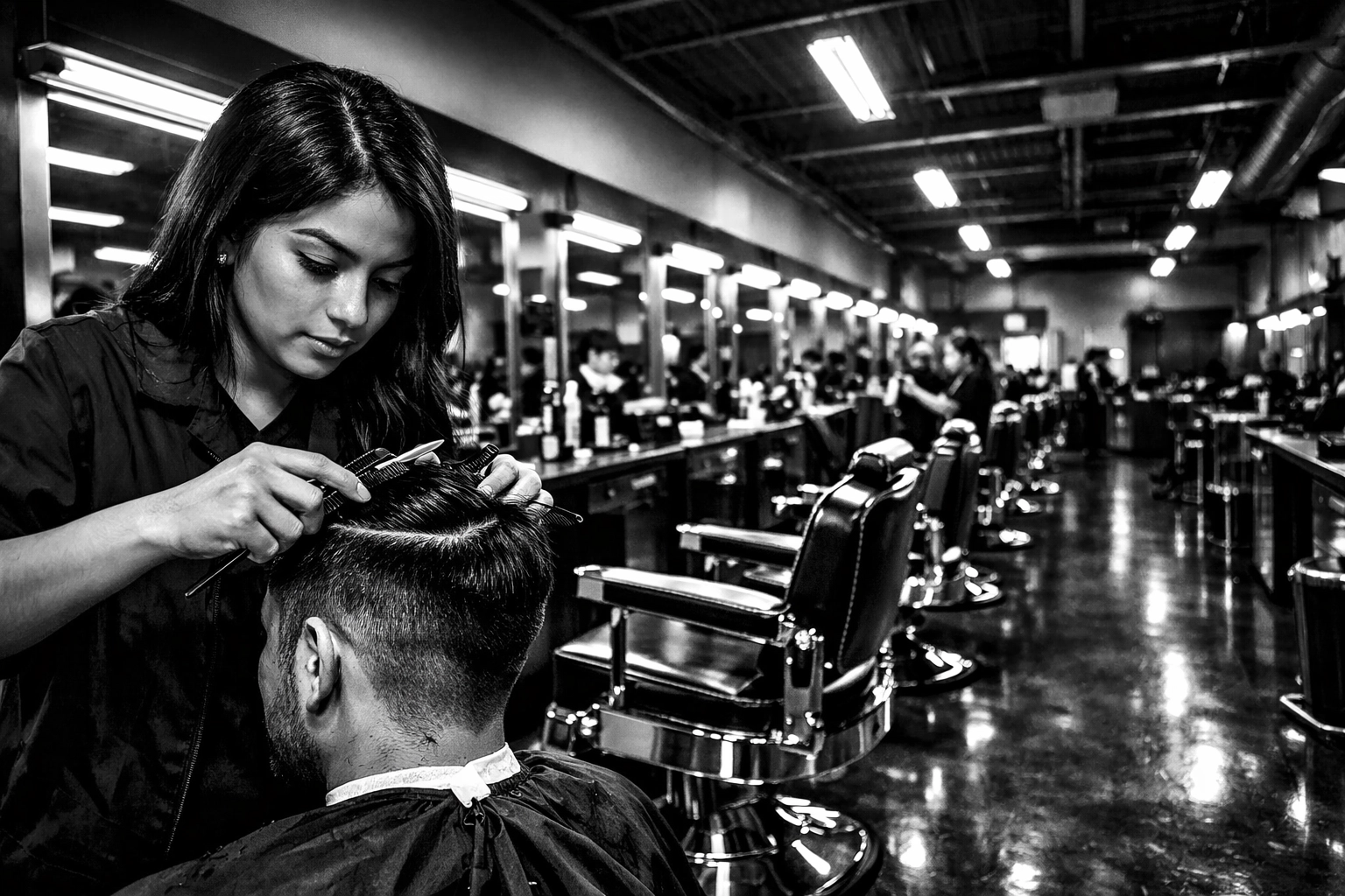 Student barber training on the clinic floor of a modern barber school in Ohio.