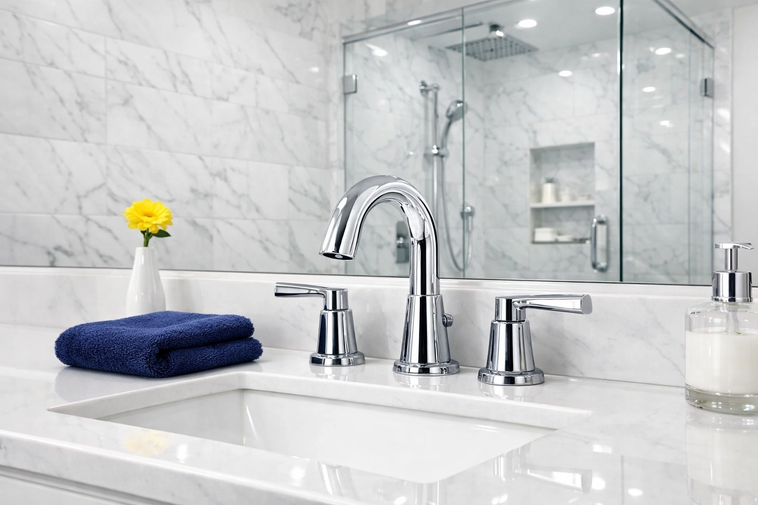 Pristine luxury bathroom with polished chrome fixtures and marble tiles following a deep move-out cleaning in Boston.