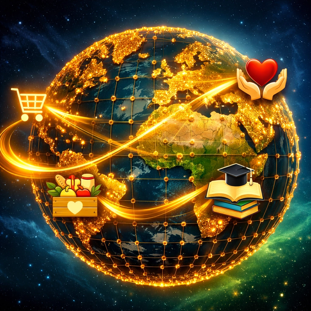 Global blockchain network connecting crypto transactions to charitable causes worldwide