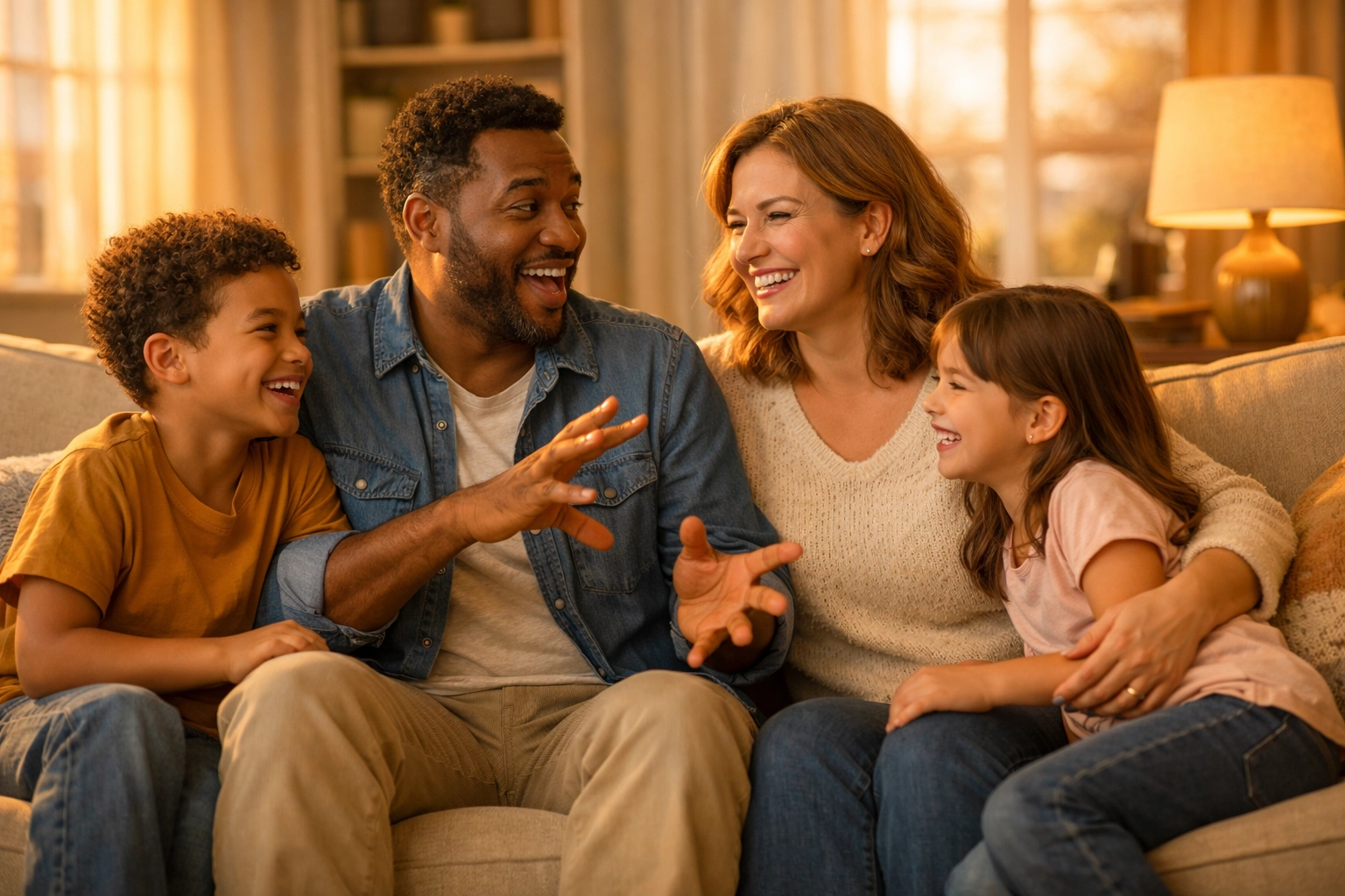 Happy family laughing together on couch without phones enjoying quality connection time