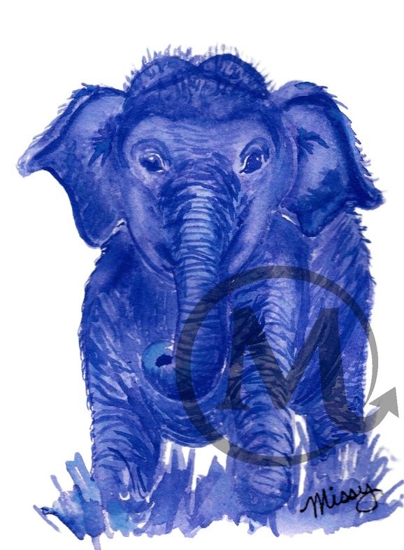 Blue Elephant watercolor print in a clean mockup frame on a wall.