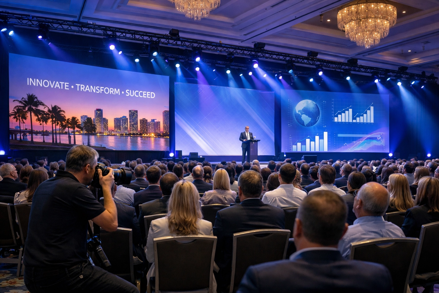 Miami event photographer capturing a high-tech corporate conference in a luxury hotel ballroom.