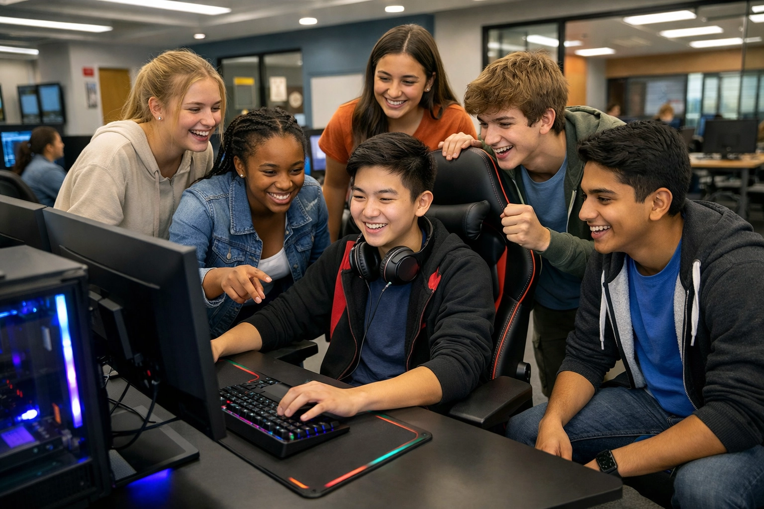 Students learning at a modern high school esports simulation pod for STEM education growth.