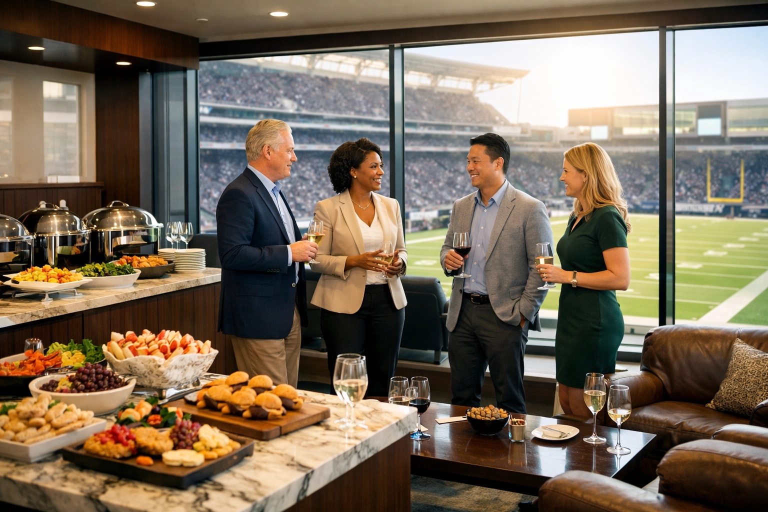 Executives networking in a luxury Super Bowl stadium suite with gourmet catering and field views.