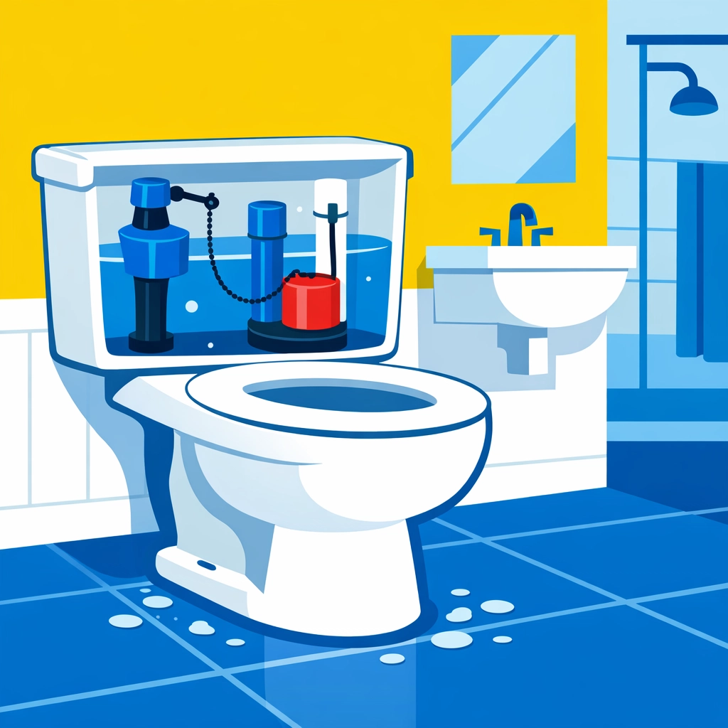 Toilet leak detection showing open tank and water pooling at base