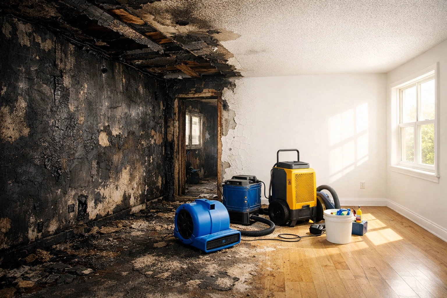 Before and after fire damage restoration showing soot removal and wall repair progress