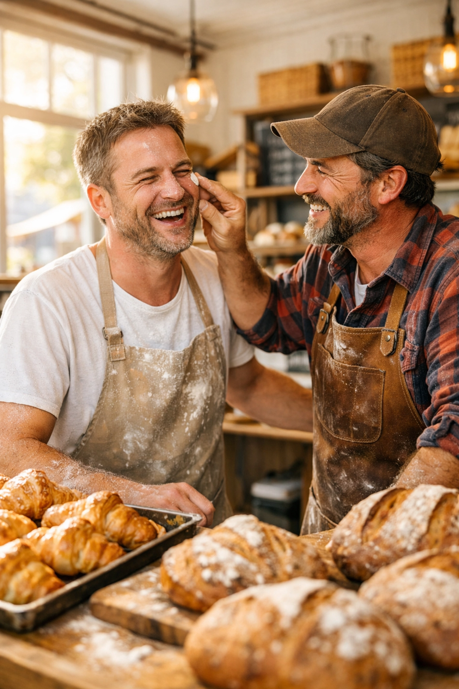 Two men sharing a sweet moment in a bakery, a staple of cozy MM romance books in 2026.