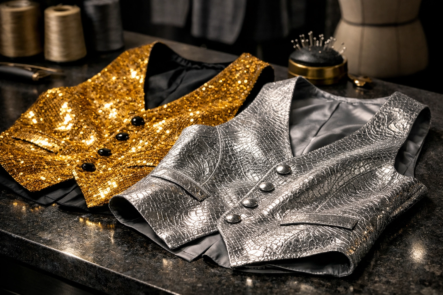 Premium gold and silver sequin novelty vests for mens showing fabric texture.