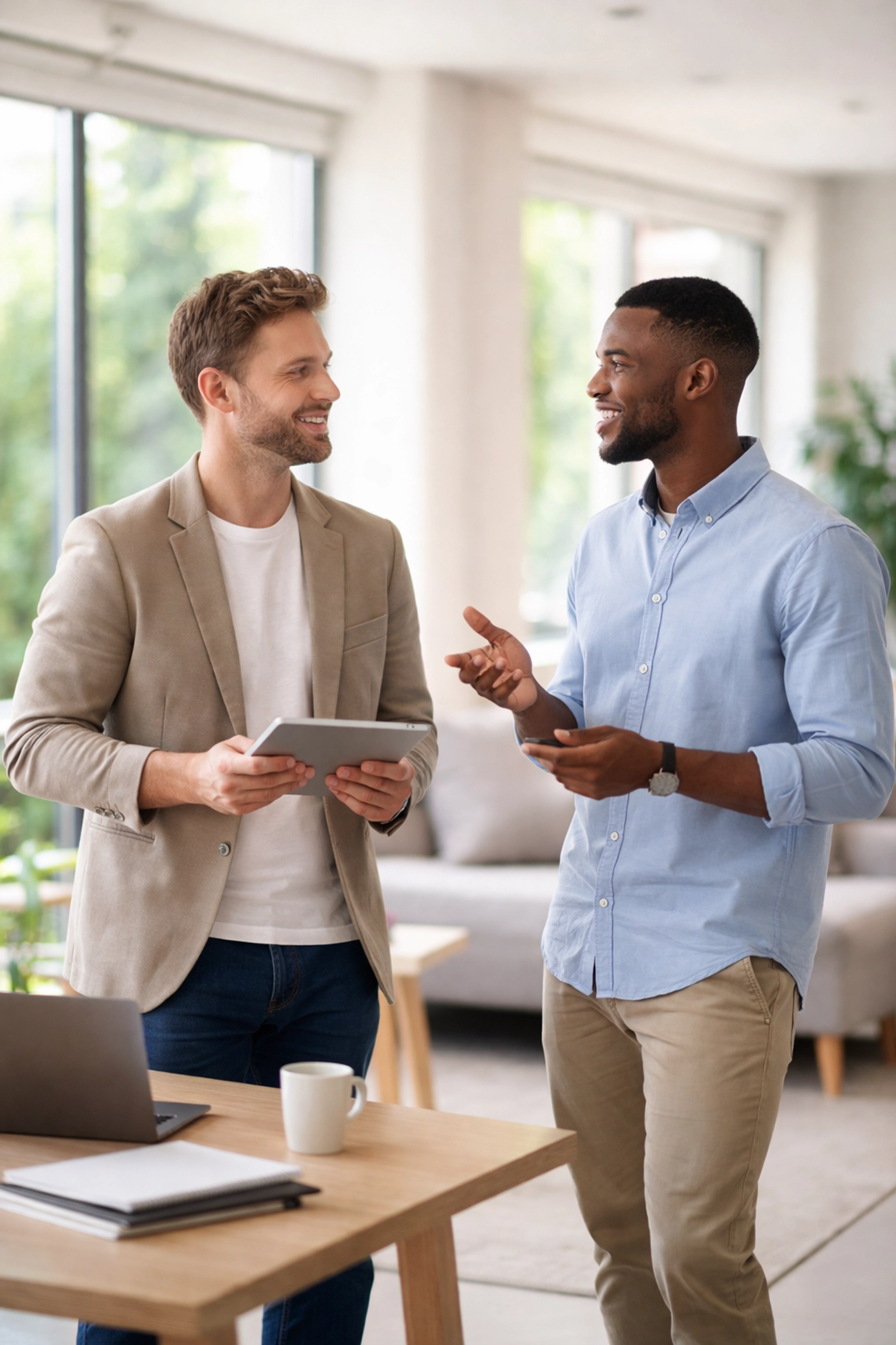Two business people discussing pricing models in a bright UK co-working space, highlighting strategy collaboration.