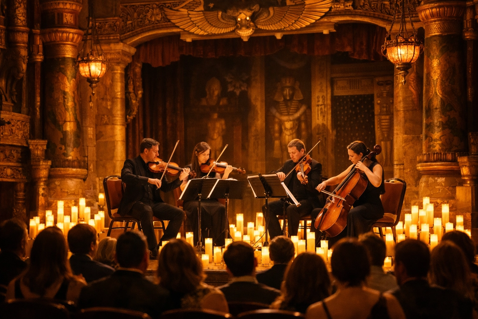 Candlelit string quartet performing classical music in a historic theater