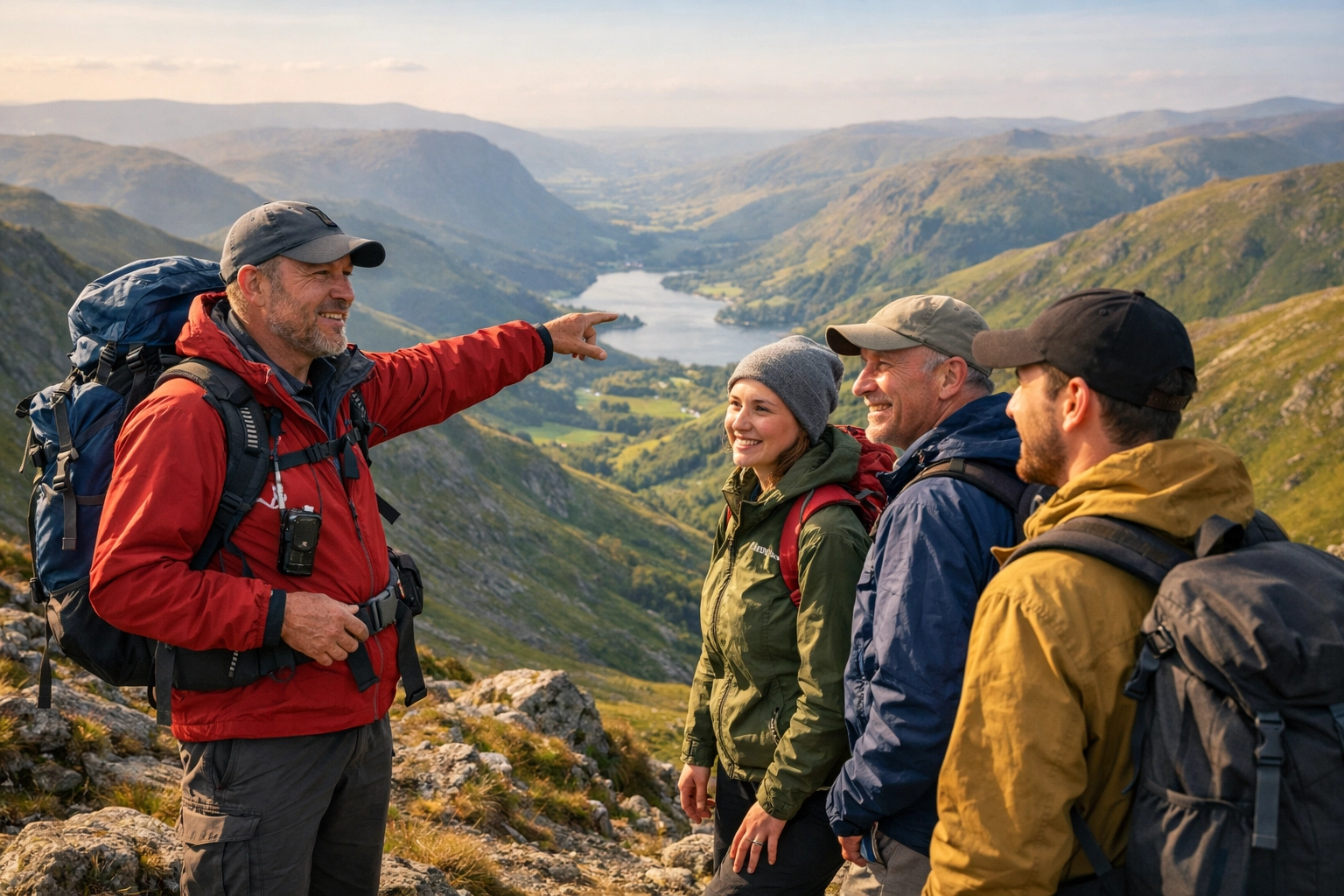 A professional guide leading a group on a scenic mountain ridge during one of our guided walks Lake District.