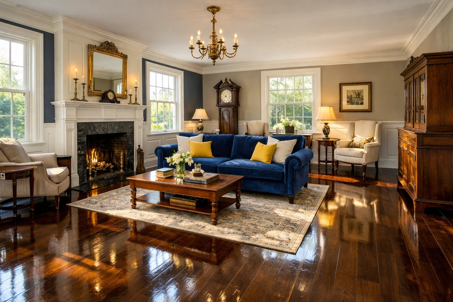 Professionally cleaned historic living room in Ashby MA with polished hardwood floors and blue sofa.